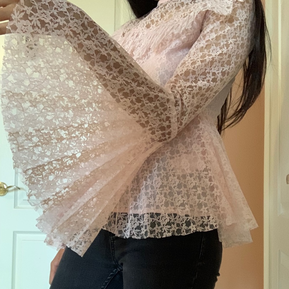 Super cute, soft pink lace top with bell sleeves